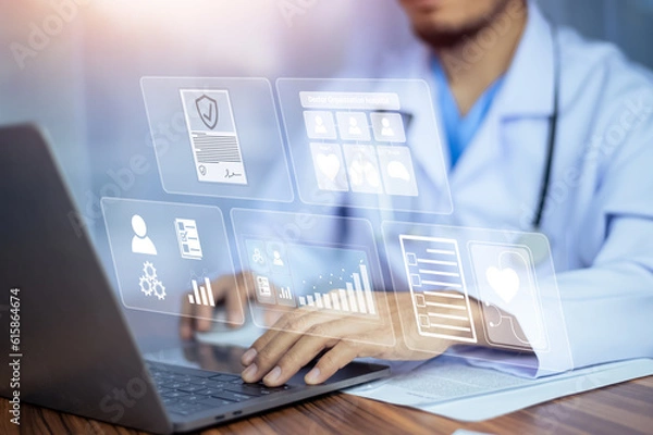 Fototapeta Doctor using computer working in hospital, Doctor using computer checking data patient document, Doctor using computer for health care hospital background