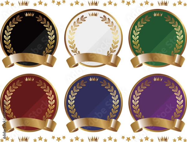 Fototapeta 高級感のある月桂冠のリボン付きエンブレム6種セット　ゴールド