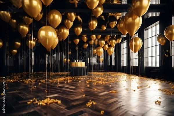 Fototapeta Modern Room full of flying Golden and Black balloons, Confetti on floor, Modern balloons hall background