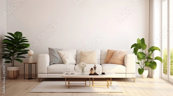 Fototapeta Scandinavian interior design. Modern living room in white color with sofa. 3D illustration.. Generative AI