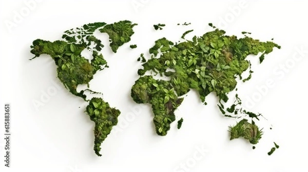 Obraz Environment-friendly world map composed of green leave. Generative AI.