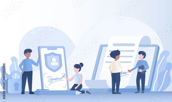 Fototapeta Online agreement and contract deal concept. Business transactions, electronic signature, signing contracts and deal through online platform. Flat vector design illustration.