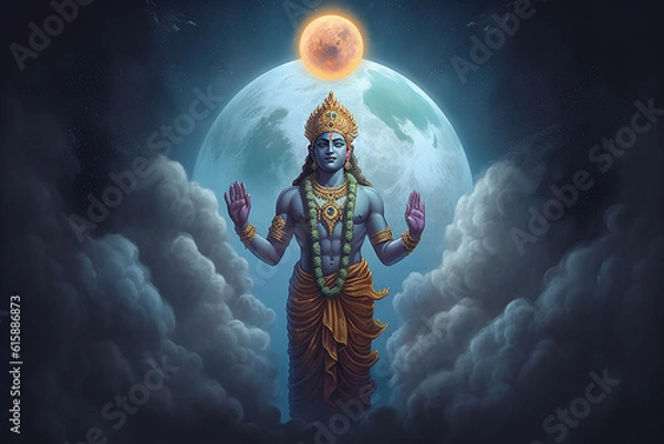 Obraz Culture and religious, states of mind concept. Hindu god Krishna and cloud ball surreal illustration. Generative AI