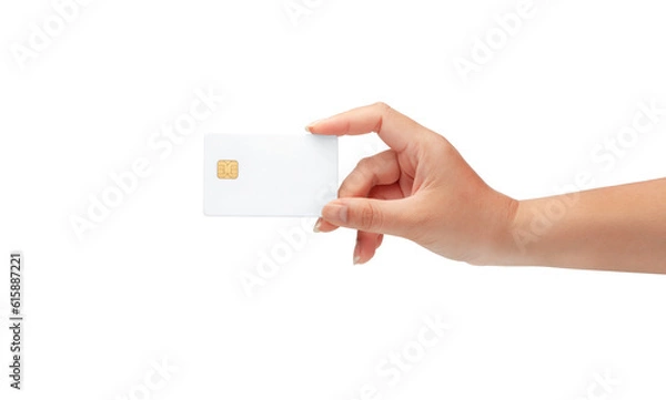 Fototapeta woman Hand holding blank credit chip card isolated on a white background with clipping path, for business and finance, or payment concept.