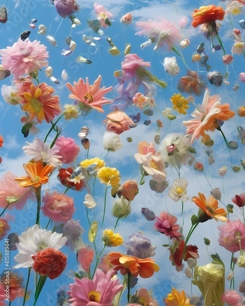 Fototapeta Colorful flowers fall in sky, in the style of polixeni papapetrou