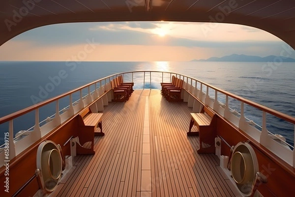 Fototapeta Open view of a boat deck and the ocean, in the style of photorealistic landscapes, streamline elegance