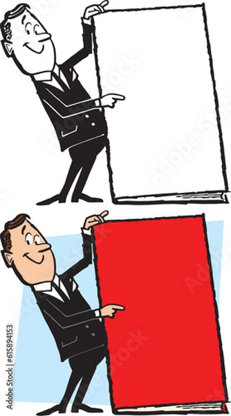 Obraz A vintage retro cartoon of a man holding a giant blank book and pointing at it. 