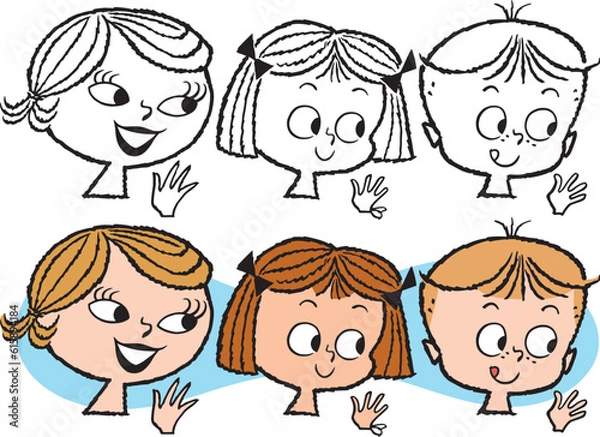 Obraz A vintage retro cartoon of the faces of a mother and her two children.