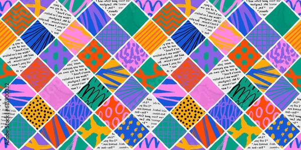 Fototapeta Colorful square mosaic grid seamless pattern with collage art texture. Modern contemporary art background, checkered geometric shape hand drawn print, maximalist patchwork paint wallpaper.	
