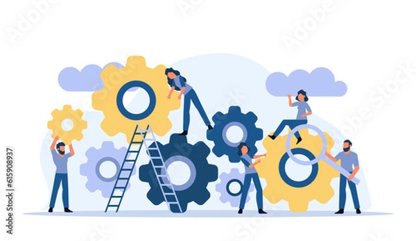 Fototapeta Man and woman business organization with circle gear vector concept illustration mechanism teamwork. Skill job cooperation coworker person. Group company process development structure workforce banner