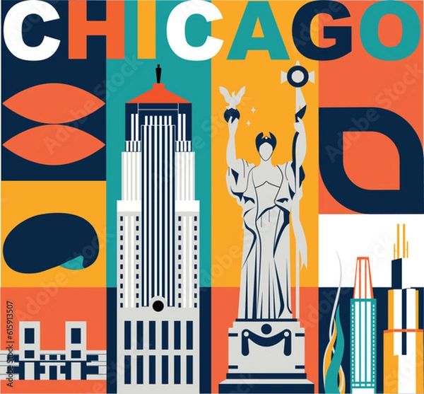 Obraz Typography word Chicago branding technology concept. Collection of flat vector web icons. American culture travel set, architectures, specialties detailed silhouette. Doodle famous landmarks.
