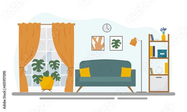Fototapeta A modern living room in the apartment in a block of flats. Concept vector illustration in flat style.