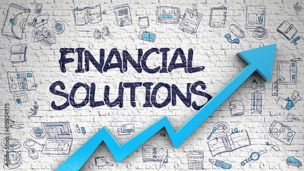 Fototapeta Financial Solutions Drawn on Brick Wall. Illustration with Hand Drawn Icons. White Wall with Financial Solutions Inscription and Blue Arrow. Success Concept. 3D.