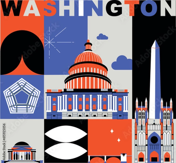 Obraz Typography word "Washington" branding technology concept. Collection of flat vector web icons, culture travel set, famous architectures, specialties detailed silhouette. American famous landmark.