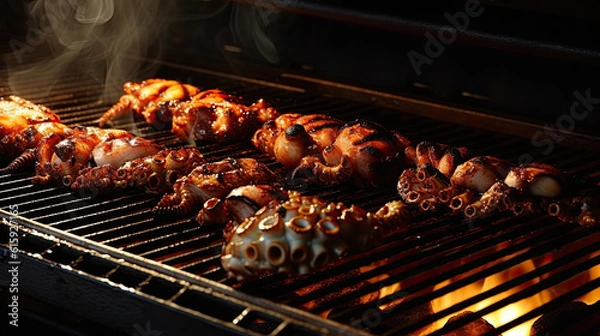 Fototapeta some food being cooked on an outdoor grill with smoke coming out from the top and bottom part of the grill
