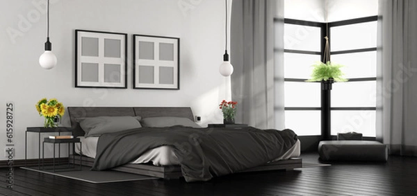 Fototapeta Black and white modern master bedroom - 3d rendering