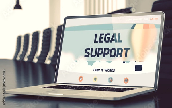 Fototapeta Legal Support on Landing Page of Laptop Screen. Closeup View. Modern Conference Room Background. Toned Image. Selective Focus. 3D.