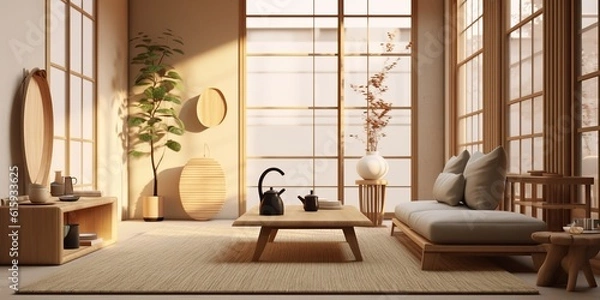 Fototapeta AI Generated. AI Generative. Japan japandi style design home appartment living room interior indoor architecture minimal. Graphic Art