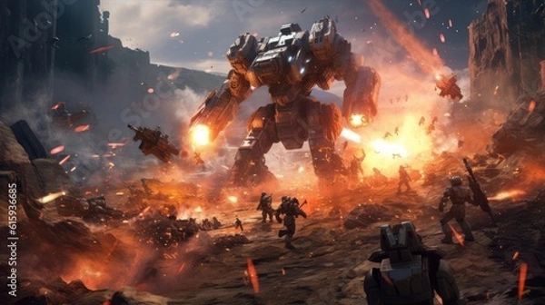 Fototapeta Epic clash between colossal mechs in a war - torn landscape, with explosions and laser beams lighting up the scene