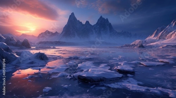 Fototapeta Frozen Arctic setting with icy terrain, snow - covered mountains, and a chilling atmosphere