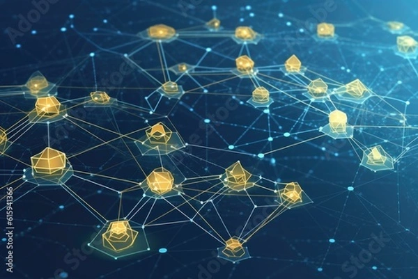 Fototapeta technology network background with a blue gradient and golden hubs and connections in polygon shapes