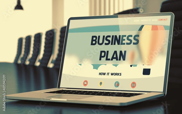 Fototapeta Business Plan Concept. Closeup of Landing Page on Laptop Display in Modern Conference Room. Blurred Image. Selective focus. 3D Rendering.
