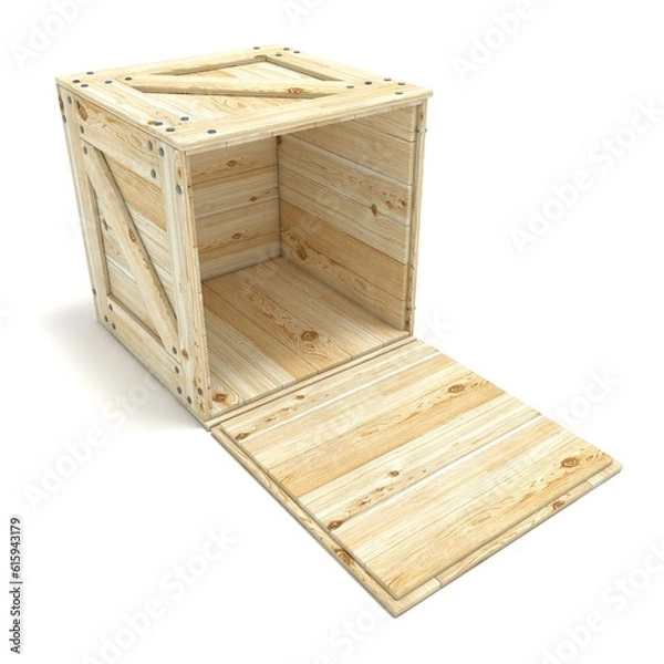 Fototapeta Open wooden box. 3D render illustration isolated on white background