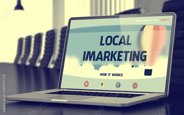 Fototapeta Local Imarketing. Closeup Landing Page on Mobile Computer Screen. Modern Conference Hall Background. Blurred Image. Selective focus. 3D.