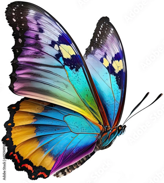 Fototapeta PNG flying butterfly with colorful wings isolated on transparent background. Digital illustration