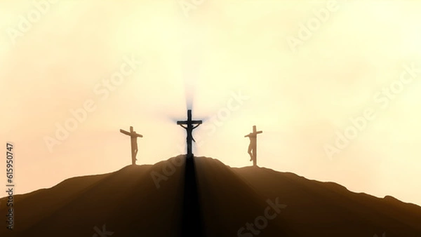 Fototapeta Silhouettes of three crosses with rays
