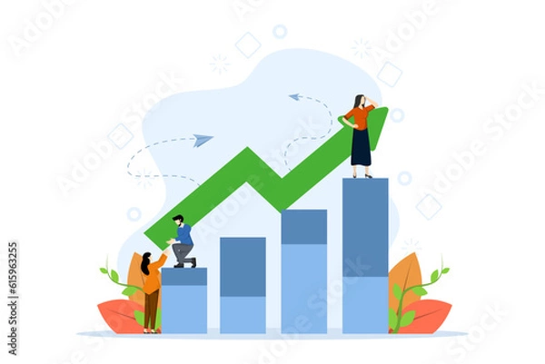 Fototapeta group of people characters thinking about an idea. setting up a start-up business project. career rise to success, flat color icon, business analysis, flat vector illustration.