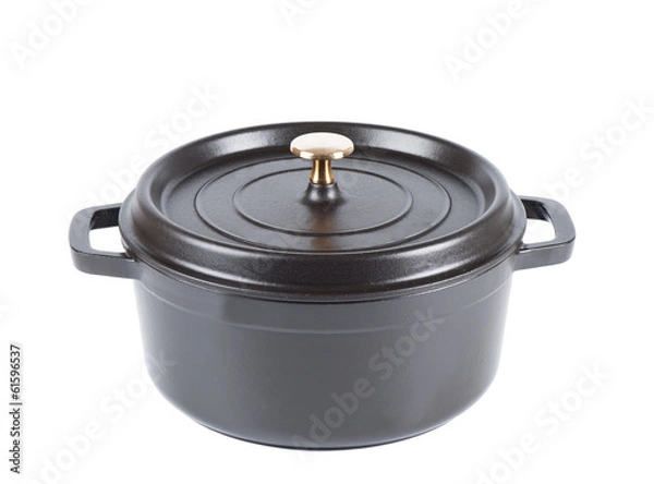 Obraz Iron cast pot with cover and brass knob isolated
