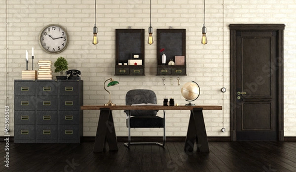 Fototapeta Home office in retro style with wooden desk, black cabinet and old door - 3d rendering