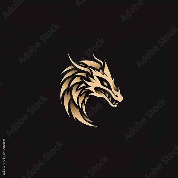 Fototapeta A golden dragon head on a black background. Generative AI.
