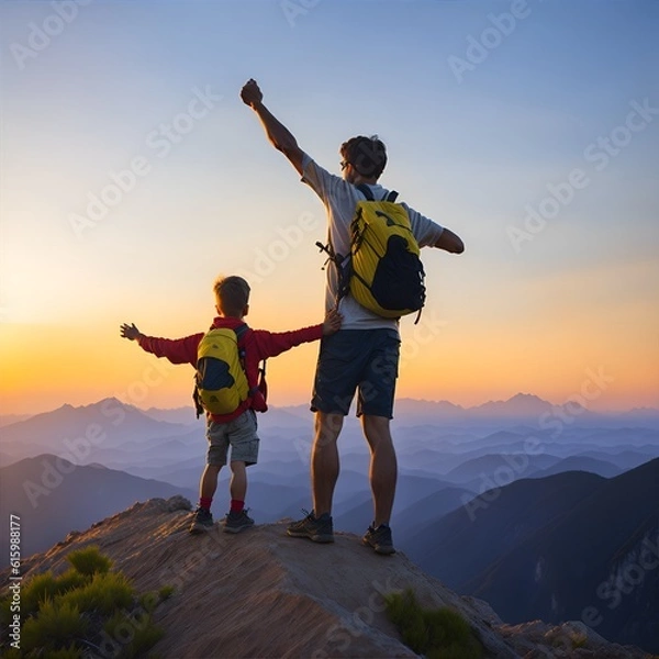Fototapeta fathers and sons do together hiking facing sunset sky at the top of the mountain