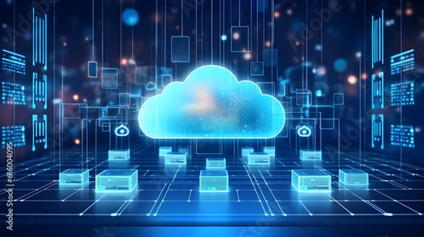 Obraz Digital informational technology web futuristic hologram with cloud icon, blue golden light digits and code background, cloud computing. Abstract Motion of digital data flow. Generative AI