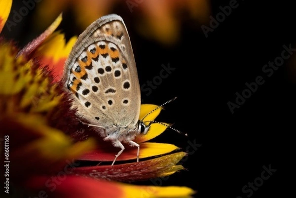 Obraz Beautiful white butterfly on a yellow red flower isolated on black background 
