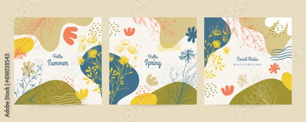 Fototapeta Modern floral hand drawn. Romantic greeting card. Spring time wording with hand drawn flowers and watercolor spots on white background.