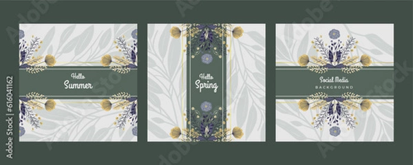 Fototapeta Floral frame with text. Romantic greeting card. Spring time wording with hand drawn flowers and watercolor spots on white background.