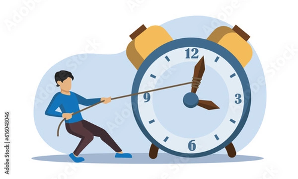 Fototapeta Life management. Faceless character trying to reverse flow of time. Strong fit male pulling back minute hand on alarm clock using rope. Flat vector illustration