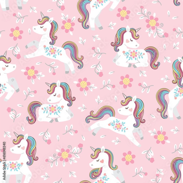Fototapeta White unicorn with rainbow mane and tail. Vector seamless pattern with cute unicorns on a pink floral background