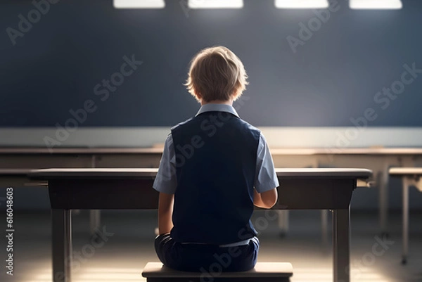 Obraz sad boy, classroom,  alone, portrait of back of sad student boy, sitting alone, lonely in class room, generative ai