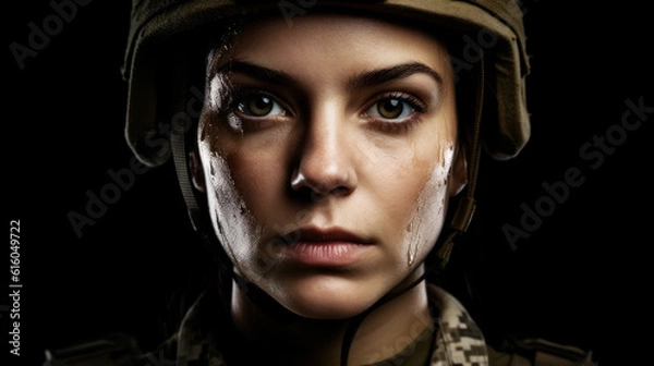 Fototapeta Resolute female soldier emerges, her eyes brimming with courage, offering a cinematic view that emphasizes her detailed face and uniform. Brave Army soldier. Generative AI