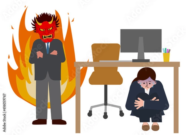Obraz 上司が激怒していて追い詰められる部下のイラスト（パワハラ）