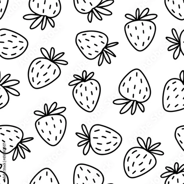 Fototapeta Hand drawn doodle linear monochrome vector messy strawberry fruits spring summer seasonal seamless repeat pattern isolated on white background 