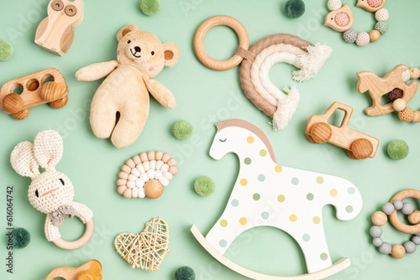Obraz Eco fiendly child wooden toys. Sustainable, developmental, sensory toys for babies and toddlers. Top view, flat lay