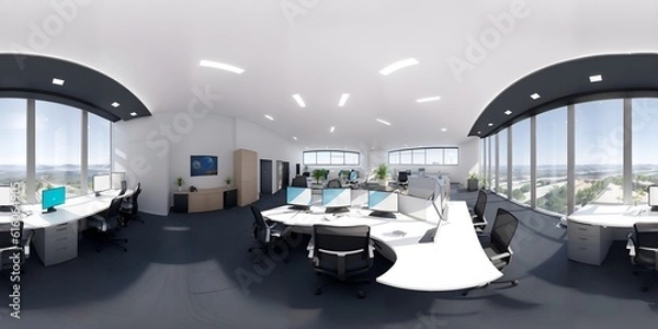 Obraz Full 360 degrees seamless spherical panorama HDRI equirectangular projection of Interior open space office. Texture environment map for lighting and reflection source rendering 3d scenes. 