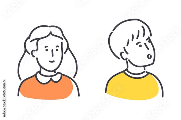 Fototapeta Cartoon set of little children portraits. Two kids looking aside. Simple style outline flat vector illustrations. Place for text on white background. Perfect for cute web border, school marketing.