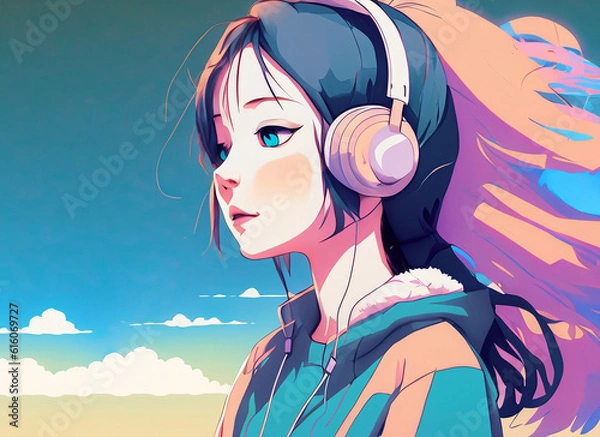 Fototapeta A young girl with headphones is looking at the blue sky while listening to lo-fi hip hop music, abstract anime style with pastel colors, generative ai