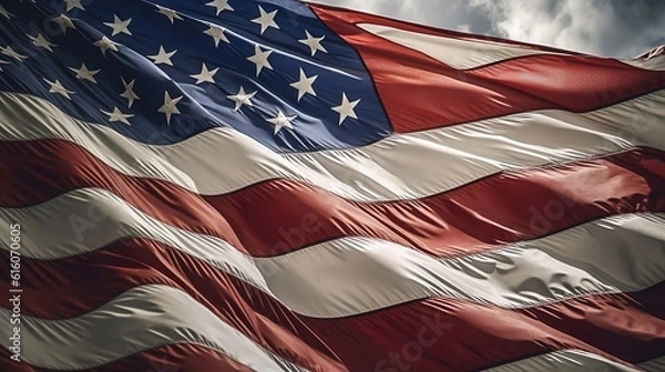 Fototapeta United State of America flag is blowing with the twilight sky background, independence day celebration, Generative AI